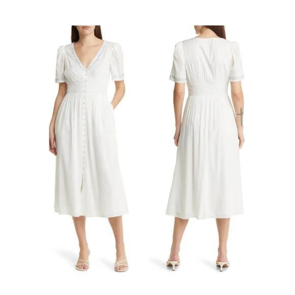 Reformation Dresses & Skirts - Reformation Midi Dress V Neck Full Button Embroidered Floral White Blue 4 NWOT